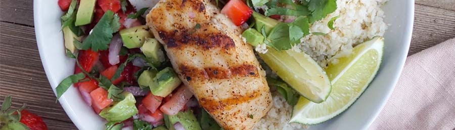 Grilled Halibut with Strawberry Guacamole & Coconut Cauli Rice from Cook at Home Mom